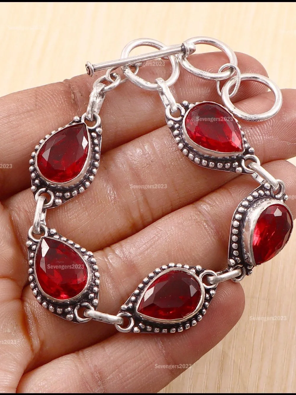 Red Teardrop Gemstone Bracelet in Silver-Tone